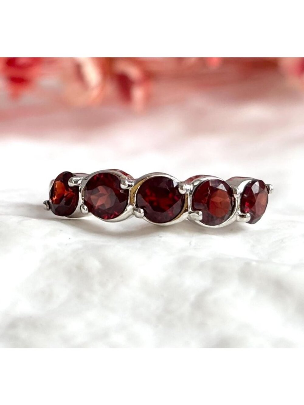 Multi Garnet Gemstone Minimalist Row Set Sterling Silver 925 Vintage Ring - sz 8